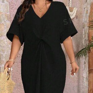 NWT SHEIN VCAY Plus Black Women's Midi Twist Short Sleeve V-Neck Dress 4XL Sz
